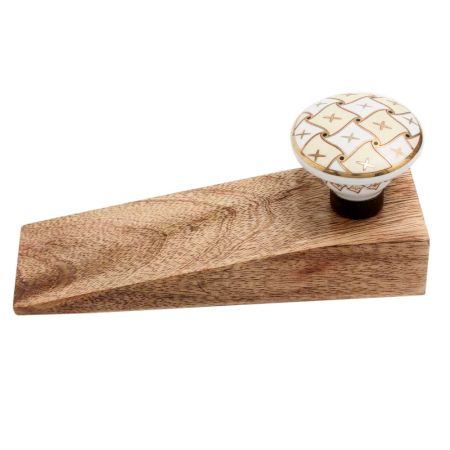 Cream and White Golden Checkerboard Ceramic Wooden Door Stopper